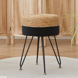 ALeesing Vanity Makeup Stool, Hand Weave Natural Seagrass Footstool Ottoman, Modern Multifunctional Vanity Stools Chair, Foot Rest Dressing Stool with Metal Leg, Black
