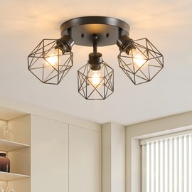 ROCUNSI 3-Light Kitchen Flush Mount Ceiling Lights, Farmhouse Black Metal Cage Ceiling Lamp for Hallway Dining Room Bedroom, 180° Adjustable Multi-Directional Chandelier Light Fixture, E26 Base