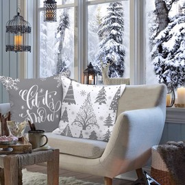 Lanpn White and Grey Christmas Throw Pillow Covers 16x16 Set of 4, Decorative 16 inch Gray Winter Snowflake Xmas Cushion Covers Pillow Cases for Home Bedroom Room Holiday Couch Decor Decorations