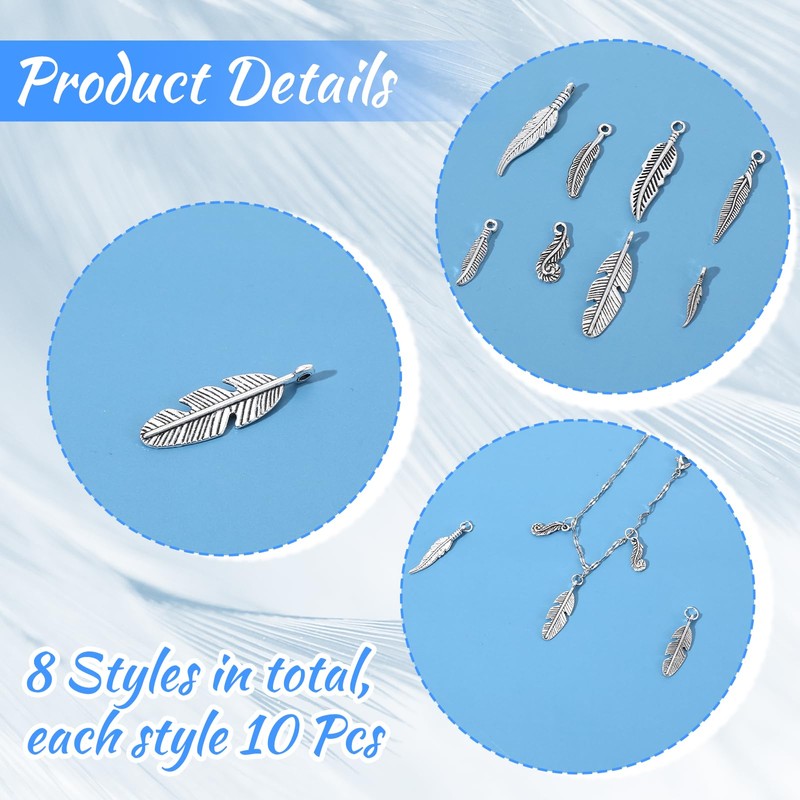 Shimmeroo 80PCS Feather Charms for Jewelry Making, 8 Styles Antique