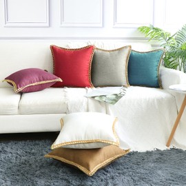 Thmyo Pack of 4 Farmhouse Decorative Throw Pillow Covers Burlap Linen Trimmed Tailored Edges Cushion Covers for Home Couch Sofa Outdoor Garden Patio, Off White 18x18 Inch