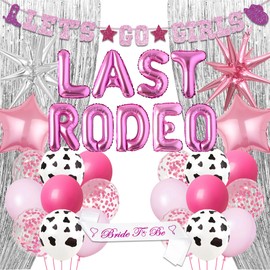 Last Rodeo Hen Party Decorations - 48 Pieces Western Cowgirl Bachelorette Party Decor Pink for Bridal Shower, Let's Go Girls Banner Star Balloons Fringe Curtain Silver Bride to Be Sash Supplies