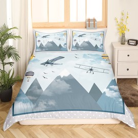 Kids Cartoon Airplane Duvet Cover Twin Size Boys Cute Airplane Bedding Set for Chid Teens Bedroom Decor Grey Navy Blue Geometric Stripes Comforter Cover Watercolor Mountain Scenery Quilt Cover 2pcs