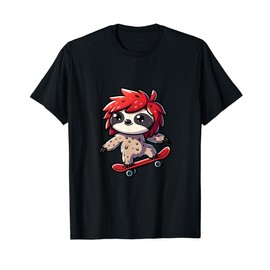 Skateboarding Sloth Manga Style Design Cool Shaggy Hair T-Shirt, black