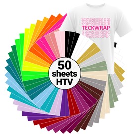 TECKWRAP HTV Heat Transfer Vinyl Bundle - 50 Pack 12" x 10" PU HTV Vinyl for T-Shirt, 24 Assorted Colors Iron on Vinyl Bundle, HTV Vinyl Sheets for All Cutter, Heat Press Machine, Easy to Cut & Weed