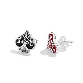 Boho Porker Hearts Spades Stud Earrings for Women Girls 925 Sterling Silver Asymmetric Red Black Small Studs Cartilage Tragus Post Piercing Earrings Vintage Valentine Gambling Casino Jewelry Gifts