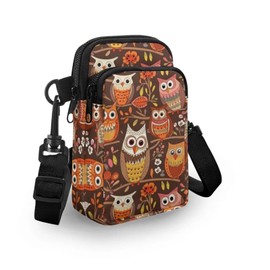 Daulesho Owl Small Crossbody Purse Zipper Cell Phone Bag, Cartoon Bird Canvas Mini Shoulder Purse, Branch Birds Animal Bags with Adjustable Shoulder Strap