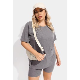TIYOMI Plus Size 2 Piece Outfits Ribbed Knit Matching Biker Tracksuits For Women Short Sleeve Round Neck 3X Jumpsuit Sweatsuit Top & Pants Pajama Sets Clothing Home Outdoor Sport Grey 3XL