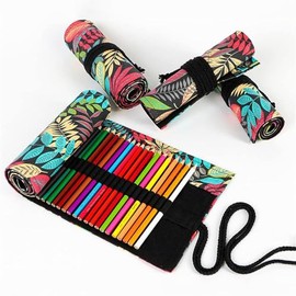 DIYOMR 12/24/36/72 Slots Pencil Wrap Pencil Rolls, Artist Colored Pencil Roll Up Bag Short Brush Pouch Case Pencils Organizer for Drawing Coloring and Sketching, No Pencils (Colorful Leaves, 12slots)