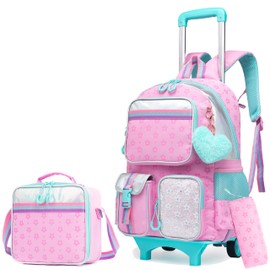 HTgroce Rolling Backpack for Girls Trolley School Bags Girls Backpacks with Wheels Kids Carry-on Travel Luggage,Pink Schoolbag Set