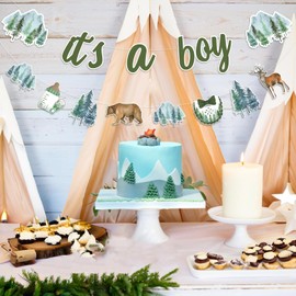 JOYMEMO Adventure It’s A Boy Baby Shower Banner, Let the Adventure Begin Forest and Mountain Baby Shower Sign, Woodland Animals Wilderness Theme Baby Shower Decorations Supplies