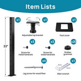 36" Stair Cable Railing Post Black Stainless Steel Square Stair Post with Adjustable Top 36"x2"x2" Cable Railing Kit for 25-35 Degrees Indoor Outdoor Stairway HP02