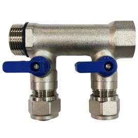 2 -Loop/Port Ball Valve Brass Pex Manifold (3/4" trunk) for 1/2" Pex Tubing, blue handles