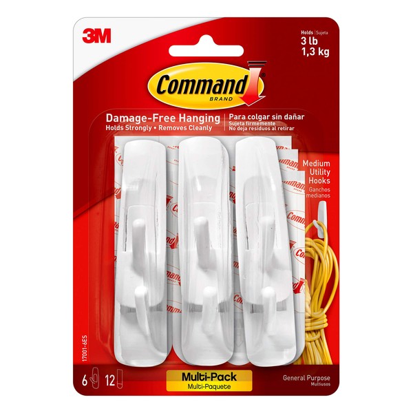 Command Utility Hooks Value Pack, Medium, White, 6-Hooks (17001-6ES), Organize