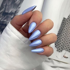 Chrome Glazed Donut Press on Nails Almond Shaped - Aurora Blue Medium Almond Nails Press on Glossy Shiny Acrylic Nails Reusable Fake Nails for Women, Glue on Nails Medium Length Stiletto False Nails