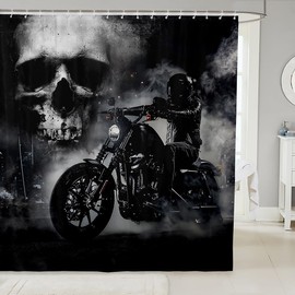 Black Motorcycle Rider Shower Curtain Gray Skull and Mist Decor Bath Curtain Extreme Sport for Boys Teens Men Microfiber Waterproof Fabric with Hooks for Stalls Bathtubs Bathroom, 72Wx78L inch