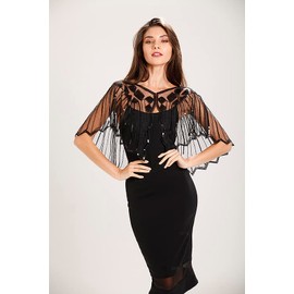 Central Chic © Vintage Sequin Capelet Beaded Shawl Scarves Wedding Bridal Evening Cape Flapper Gatsby 1920s Christmas Party Shawl Cover Up Sparkly Shawl (Black Sequins)