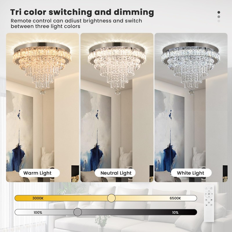 FRIXCHUR Crystal Chandeliers LED Crystal Ceiling Light Fixture with Remote