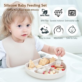 Silicone Baby Feeding Set | Baby Led Weaning Supplies | 5-Piece Includes Suction Bowls and Divided Plates, Adjustable Bib, Baby Utensils Spoons and Forks,Baby Feeding Essentials. (Beige)