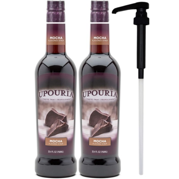 Upouria Mocha Coffee Syrup Flavoring, 100% Vegan, Gluten-Free, 750 mL Bottle (Pack of 2) with 1 Coffee Syrup Pump