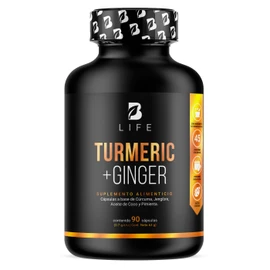 Cúrcuma + Jengibre 90 Cápsulas. Ingredientes naturales: Aceite de Coco. Turmeric + Ginger B Life.
