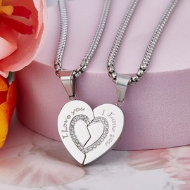Wolentty Couple His Hers Necklaces Broken Heart Pendants Inlaid Zirconic Stone Jewelry Gift for Valentine's Day (Silver)
