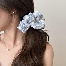 TUCEWP Scrunchies for Women Girls 4Pcs Blue Black White Striped Scrunchies Long Thick Curly Hair Soft Hair Bands Neutral Scrunchie Cute Ponytail Holders No Damage Elastic Hair Ties Hair Accessories