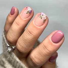 Summer Press on Nails,Short Coffin Shape Fake Nails,Pink Solid Color False Nails with Flower Design,Glossy Full Cover Stick on Nails for Women Daily Wear,Reusable Artificial Nails with Glue on Nails