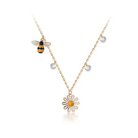 IMINI Honey Bee Daisy Flower Pendant Necklaces S925 Sterling Silver 18K Gold Plated for Women Girls Dainty Dangling Diamond Crystal CZ Chokers Necklace Adjustable Chain Birthday Gifts