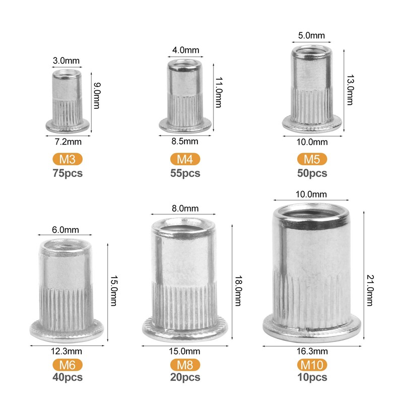 VIGRUE Set of 250 Rivet Nuts Assortment M3 M4 M5