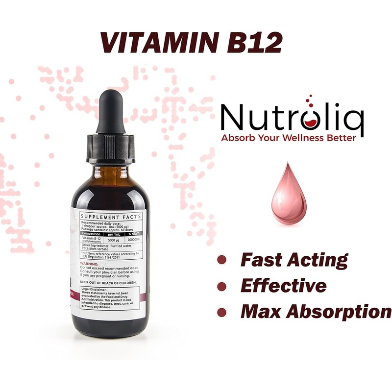 Nutroliq Vitamin B12 Liquid Drops - High-Strength 5000mcg Methylcobalamin Supplement