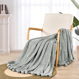 BYTIDE Pom Pom Throw Blankets Couch Cover Flannel Fleece Throw with Pompom Fringe Tassels, Plush Fluffy Cozy Warm Soft Lightweight Throw for Couch Sofa Bed Chair, 60" x 80", Gray