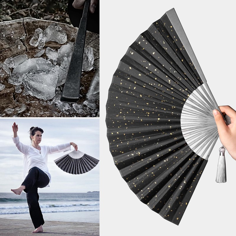 FEGVE Titanium Black Folding Fan Men's Collapsible Gentleman's Kimono Japanese