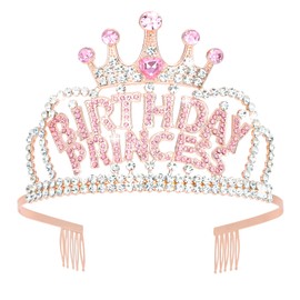 KIUEZIR Rose Gold Birthday Princess Tiara with Side Comb - Silver & Pink Rhinestone Crown for Women, Non-Slip Alloy Happy Birthday Headwear, Sparkly Hair Accessories for Parties & Photo Shoots