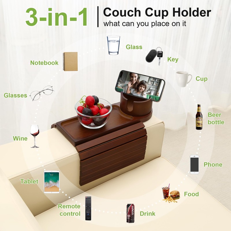 aisongdong Couch Cup Holder,Bamboo Couch Arm Tray with 360° Rotating