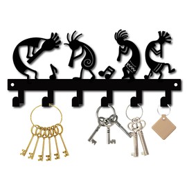 CREATCABIN Metal Key Ring Kokopelli Flute Music Black Key Hook Wall Mount Hanger Iron Hanging Organiser Rock 6 Hooks for Home Entrance Cabinet Hat Towel 10.6 x 4.7 Inches