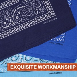 100% Cotton Large Bandanas for Men and Women, 22 Inch Paisley Bandana with Multiple Colors (Royal Blue/Navy Blue/Light Blue)