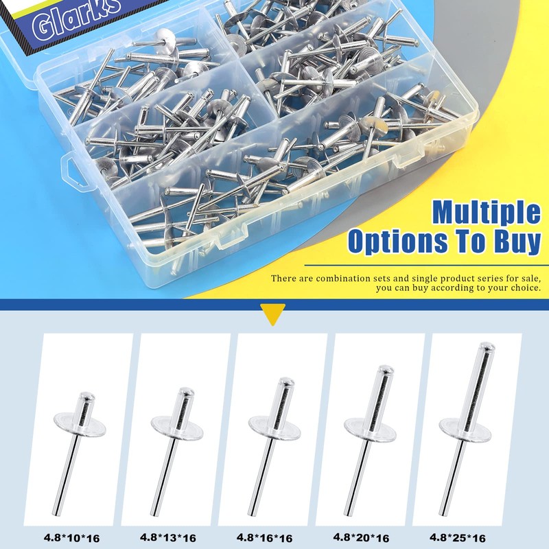 Glarks 60Pcs 3/16" x 3/8" Large Flange Aluminum Blind Rivets