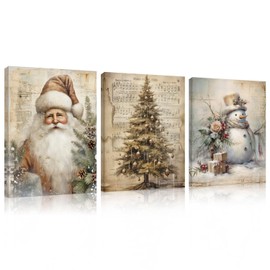DSHFG Vintage Christmas Wall Art Decor, Retro Christmas Santa Trees Wall Decor Canvas Set of 3, Retro Christmas Decorations for Home Kitchen Bedroom Bathroom Living Room, 14x11 Inch Framed