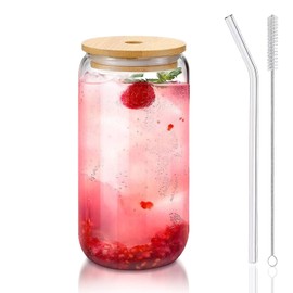 DAMCONME 1Pack Coffee Cups with Lids,16oz Glass Cups with Straws and Lids-Glass Coffee Cups,Drinking Beer Glasses with Bamboo Lids