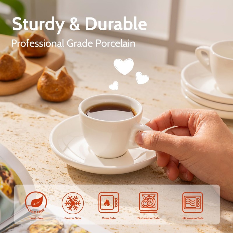 Sweese 2 Ounce Espresso Cups with Saucers, Porcelain Espresso Cups