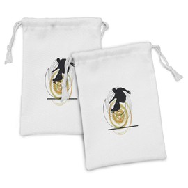 Ambesonne Youth Fabric Pouch Set of 2, Black Silhouette of a Skater Man on Hand Drawn Style Spiral Hobby Activity, Small Drawstring Bag for Toiletries Masks and Favors, 9" x 6", Orange Green Black