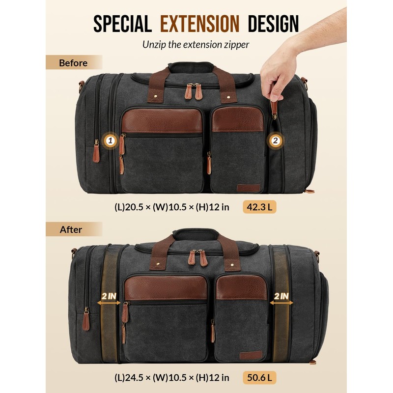 Celvetch Canvas Duffle Bag for Travel 50L Expandable Travel Duffel