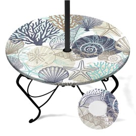 Britown Coastal Beach Round Outdoor Tablecloth with Umbrella Hole, Plaid Fitted Table Cover with Zipper, Waterproof Windproof Umbrella Table Cloth with Elastic(44''-48'')