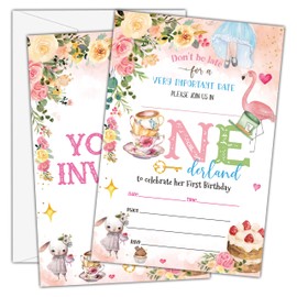 Birthday Invitations - Wonderland 1st Birthday Invites with Envelopes(25-Count) - Floral Garden Fill-in Party Invite Cards for Girls Kids Party Supplies Favors Decorations - A09