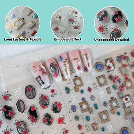 CESTSIREN Gem Frame Rose Nail Art Stickers Vintage Nail Decals for Nail Art Design Self-Adhesive Nail Accessories for Women Nail Art Supplies 3 Sheets