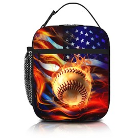 SENROLAN Baseball American Flag Insulated Lunch Bag Baseball Sport Lunch Box Lunch Tote Cooler Reusable Lunch Pail Adjustable Shoulder Strap and Side Pocket Outdoors Meal Bag For Women Men