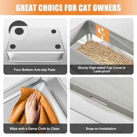 Stainless Steel Litter Box,High Sided Enclosed Cat Litter Boxes with Scatter Shield,XLarge Metal Litter Box for Large Cats, Non-Stick & Anti-Leakage, Easy to Clean, Included Scoop, and Mat (Lightgrey)
