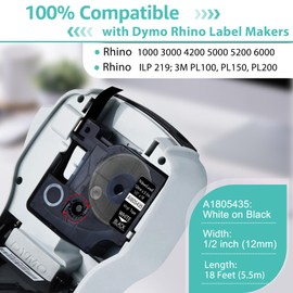 NineLeaf 30 Pack 1/2" White on Black 1805435 Compatible with Dymo Rhino Industrial Permanent Vinyl Label Tape A1805435, 1/2" x 18' for Rhino 5200 4200 1000 3000 5000 6000 Industrial Label Makers