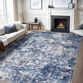 5x7 Area Rugs, Modern Abstract Rug with Anti Slip Backing, Stain Resistant Washable Rugs for Living Room, Non-Shedding Machine Washable Area Rug (Blue/Brown, 5'x7')